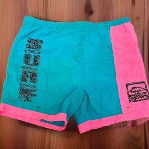 90s Surf Gear Swim Shorts Mens XL Teal Pink Colorblock Spellout Surf Trunks Neon